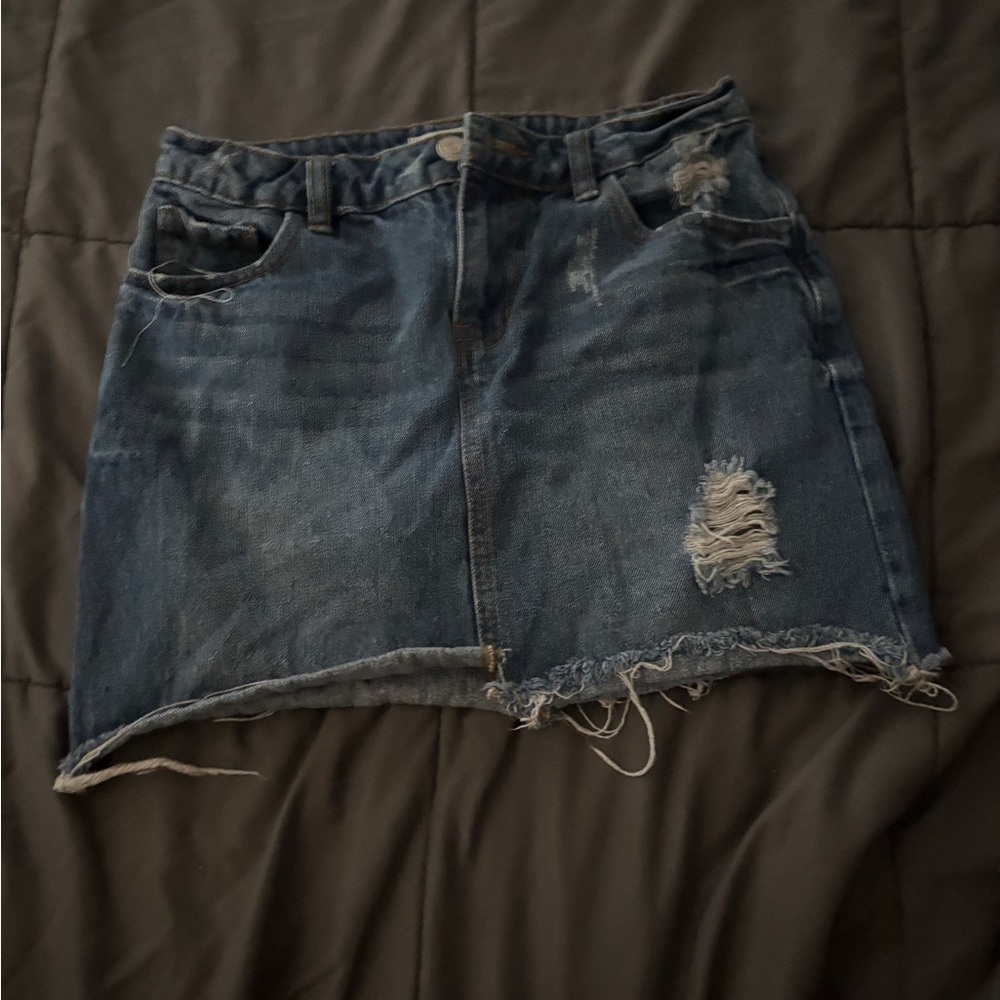 Garage Distressed Denim Mini Skirt - Dark Blue
